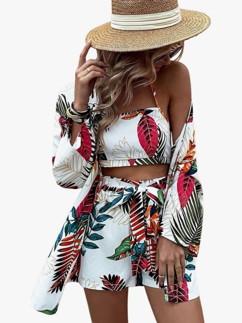 Tropical Print White High-Waist Women’s Shorts